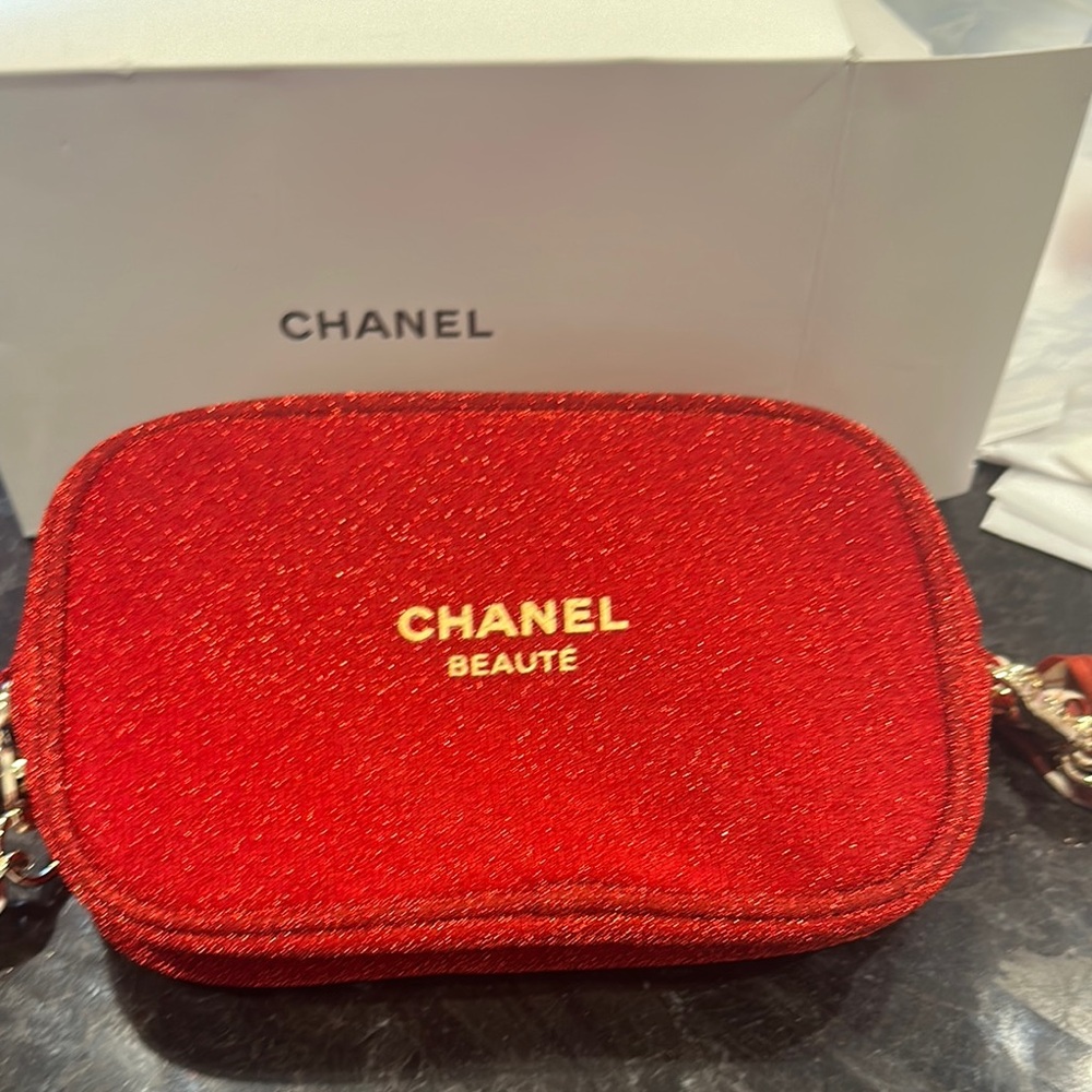 Chanel Red Cosmetic Bag with Quilted Design
